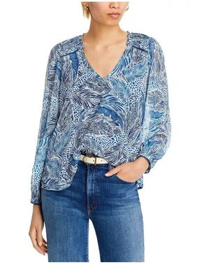 AQUA Leaf Print Metallic Blouse White Navy V-neck Sheer Long Sleeve Top